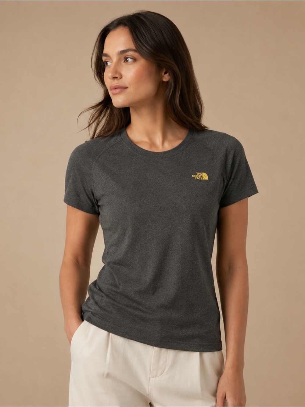 The North Face Women's Short-Sleeve Crew Tee in Charcoal with Yellow Logo